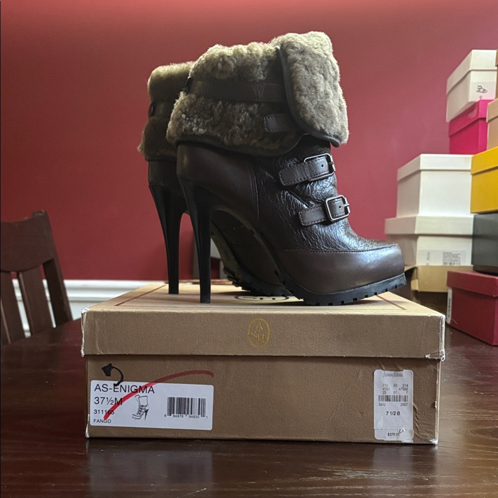 Ash Dark Brown Heeled Boots with Fur Trim